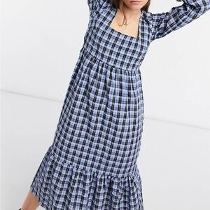 Blue and black plaid cottagecore dress